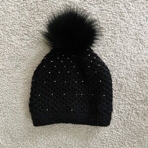 Wool blend beanie with rhinestones and pompom